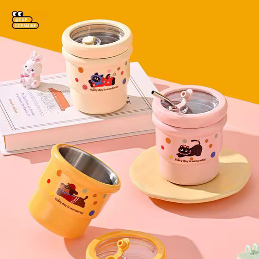 Cute Drinkware 304 Stainless Steel Mug Coffee Cup Dopamine Style Tea Cup Coffee Travel Mug Leakproof Drinking Cup With Straw