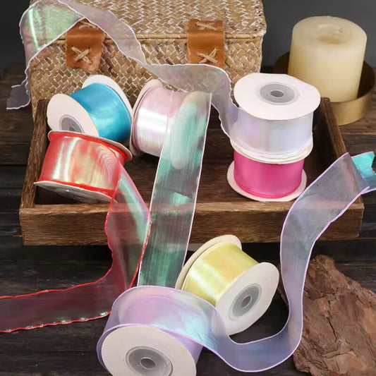 40mm 10Yards Fishtail Organza Ribbon Reflective Iridescent Wavy Edge Ribbon for Gift Wrapping DIY Bow Bouquet Voile Ribbons
