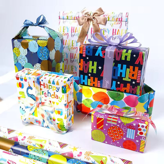 17" X 120" Wrapping Paper Roll Colorful Happy Birthday with Balloon Gifts Dinosaur Pattern for Birthday Wedding Baby Shower