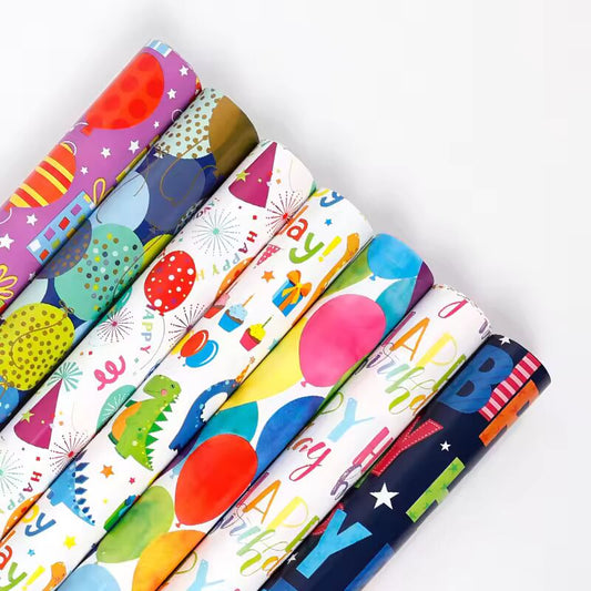 17" X 120" Wrapping Paper Roll Colorful Happy Birthday with Balloon Gifts Dinosaur Pattern for Birthday Wedding Baby Shower